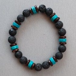Bracelet composé de perles en bois de coco, pierres de lave et Turquoise naturelle.