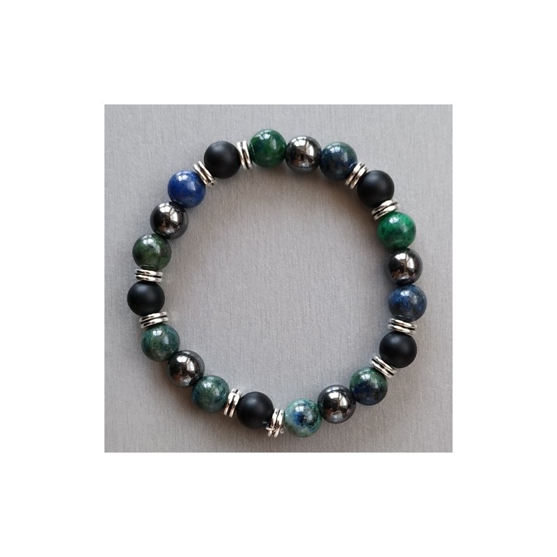 Bracelet composé de perles Chrysocolle, Onyx et Hématite